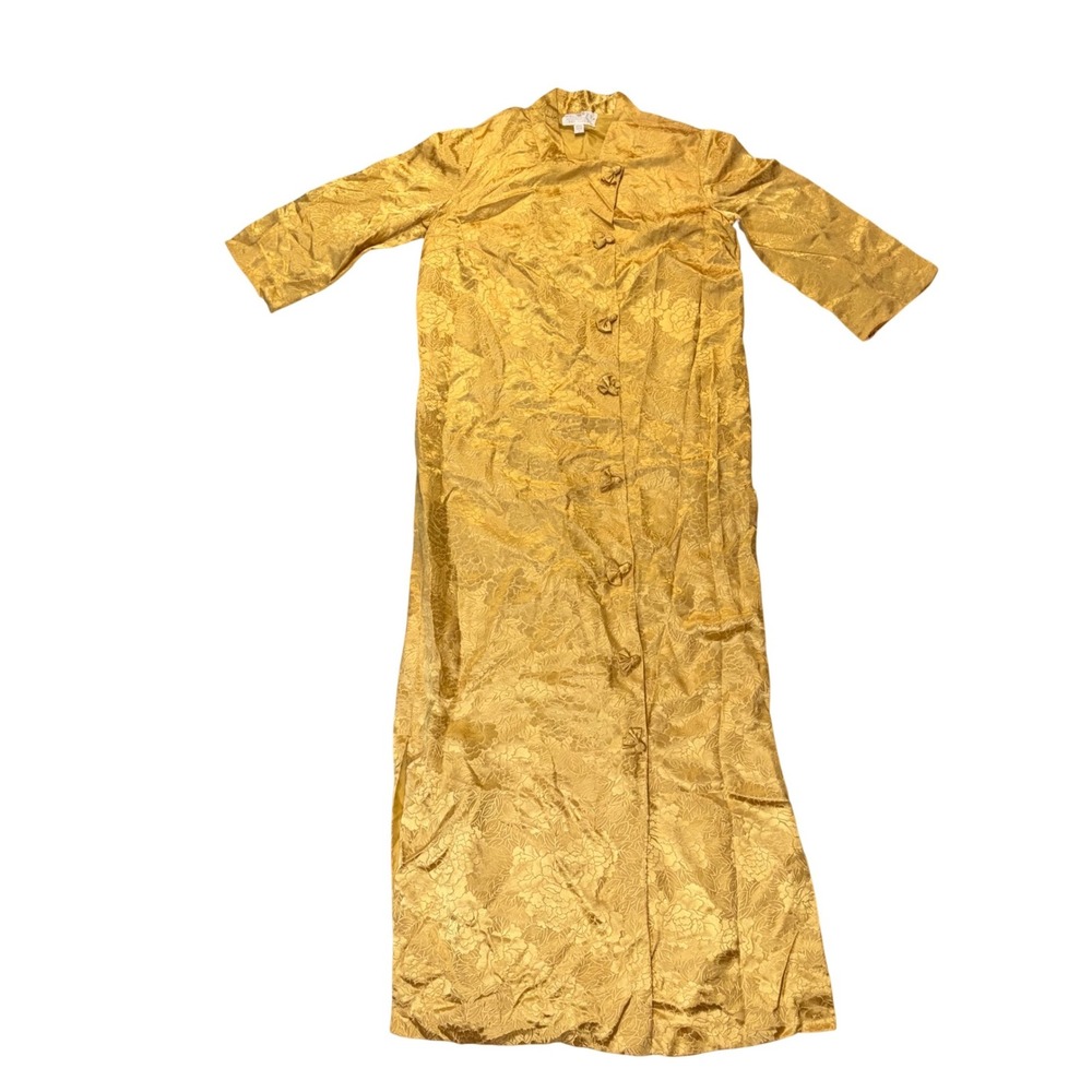 Vintage‎ Dynasty Gold Silk Damask Floral Brocade Maxi Robe Gown Hong Kong S